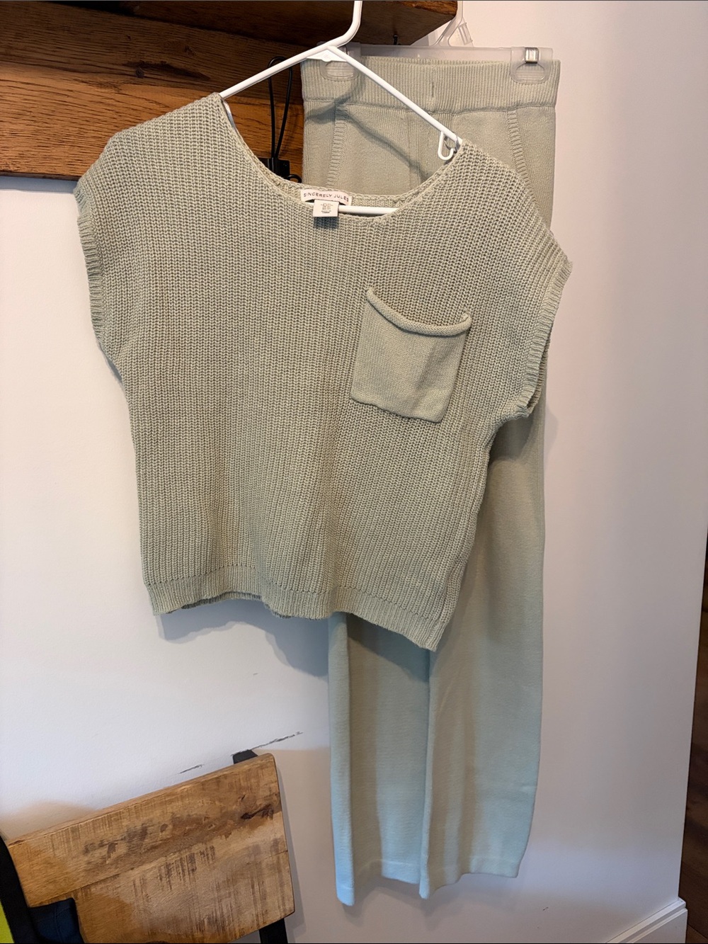 Sincerly Jules Sage Green Short-Sleeve Knit Sweater and pant set with Front Pock